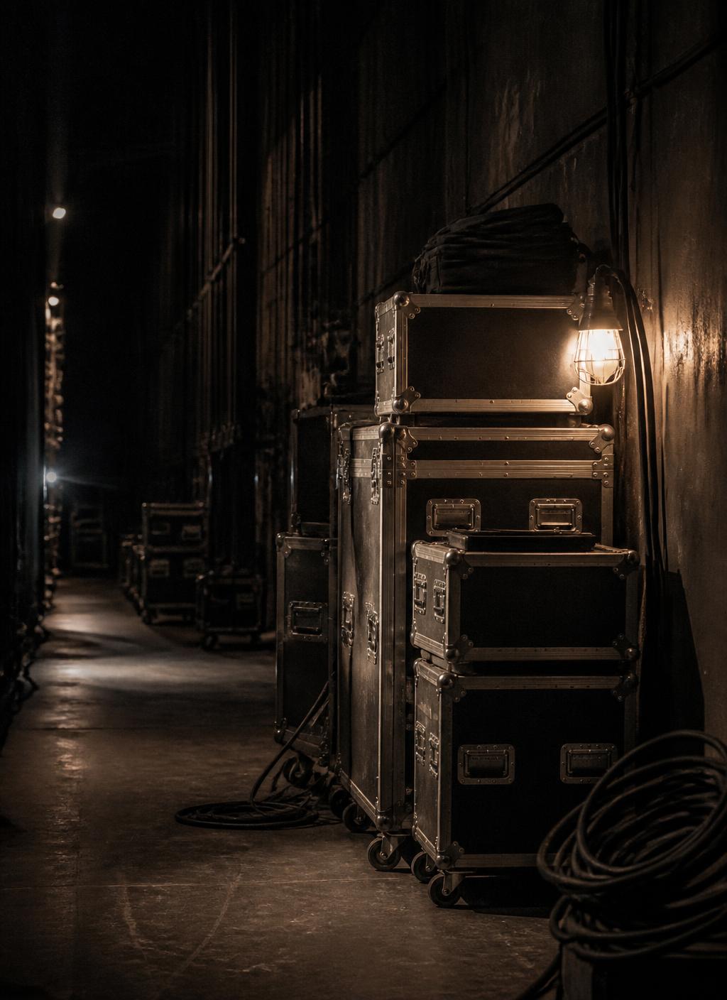 Road cases and cabling in a dimly lit backstage corridor